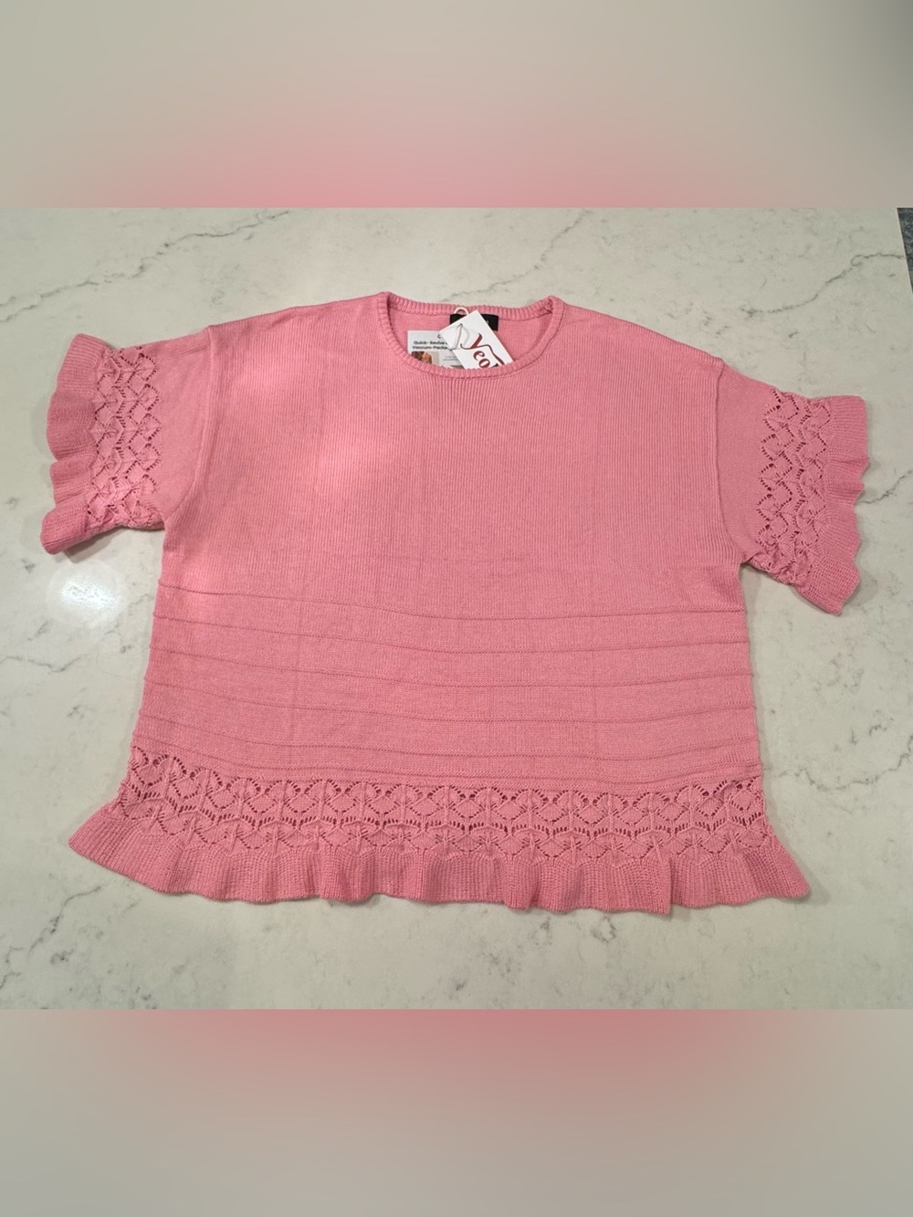 Women's Pink Knit Short-Sleeve Sweater with Lace-Trim Hem